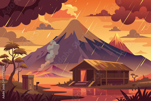 Rainy View Of A Volcano With A Abandoned Shack