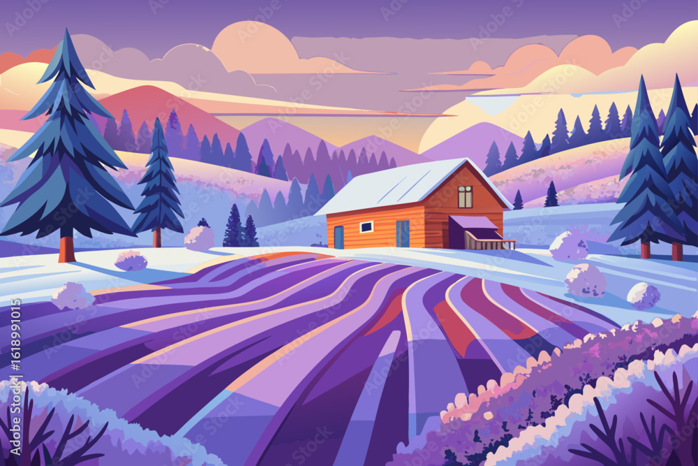 Naklejka premium Snowy View Of A Lavender Field With A Barn