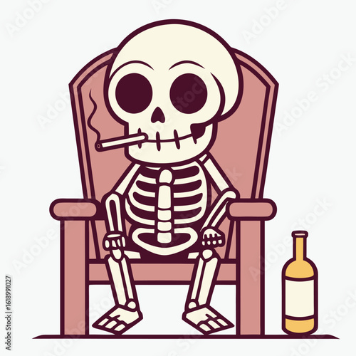 Cartoon skeleton figure relaxes in a chair, smoking and drinking, isolated on white