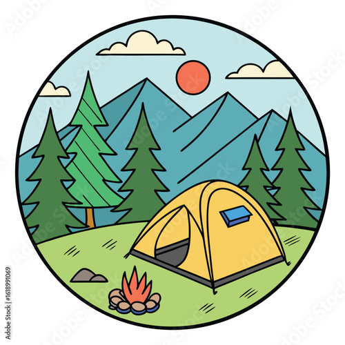 Cartoon mountain camping features a yellow tent and campfire within the circle