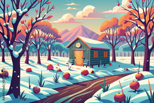 Snowy View Of A Orchard With A Abandoned Shack
