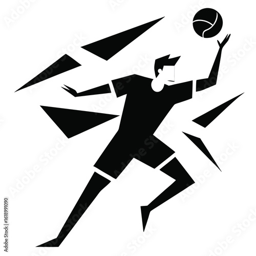 Silhouette shows geometric volleyball player spiking ball amidst abstract shards with a transparent background