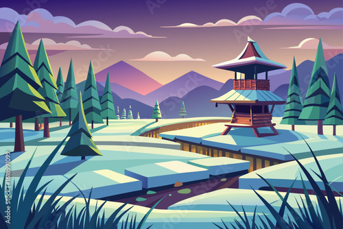 Snowy View Of A Rice Field With A Watchtower