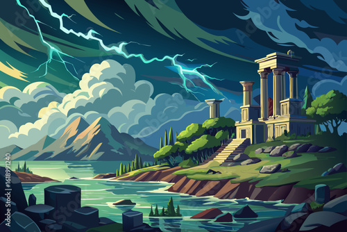 Stormy View Of A Bay With A Ancient Ruins