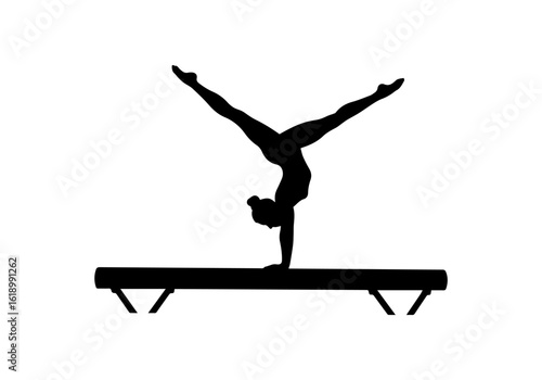 Silhouette of Female Gymnast in Handstand on Balance Beam – Minimalist Black and White Vector Illustration Showcasing Athletic Strength, Grace, and Gymnastic Precision