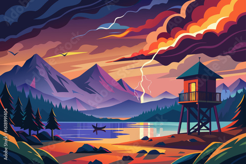 Stormy View Of A Lake With A Watchtower