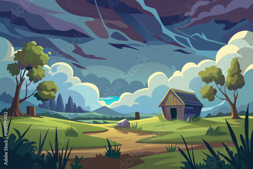 Stormy View Of A Meadow With A Abandoned Shack