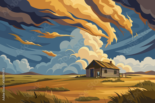 Stormy View Of A Prairie With A Abandoned Shack
