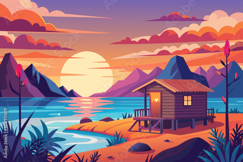 Sunrise View Of A Bay With A Abandoned Shack
