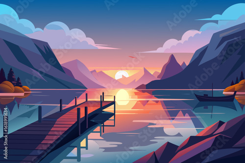 Sunrise View Of A Fjord With A Small Dock
