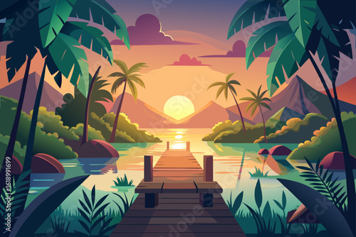Sunrise View Of A Jungle With A Small Dock