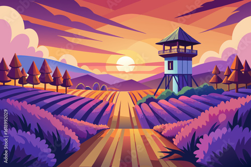 Sunset View Of A Lavender Field With A Watchtower