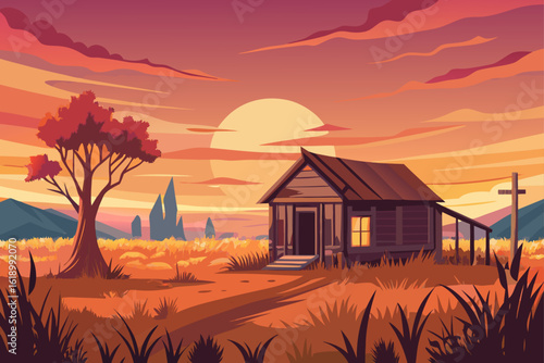 Sunset View Of A Prairie With A Abandoned Shack
