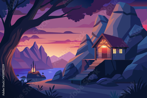 Twilight View Of A Cave With A Cottage