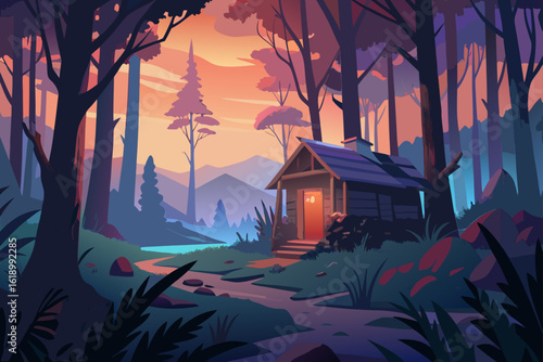 Twilight View Of A Forest With A Abandoned Shack
