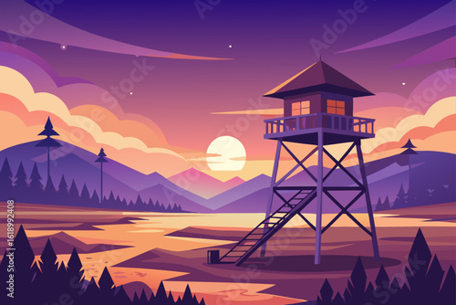 Twilight View Of A Prairie With A Watchtower