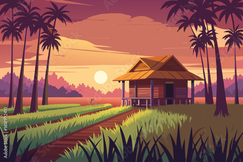 Twilight View Of A Rice Field With A Abandoned Sha