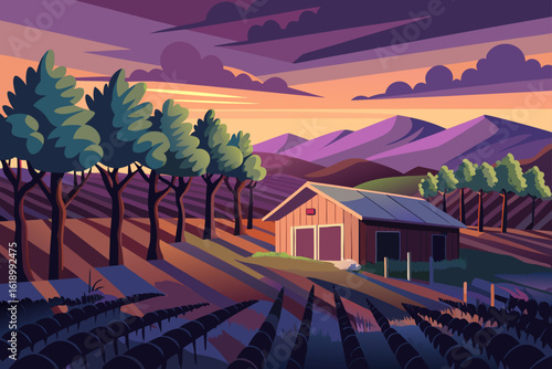 Twilight View Of A Vineyard With A Abandoned Shack