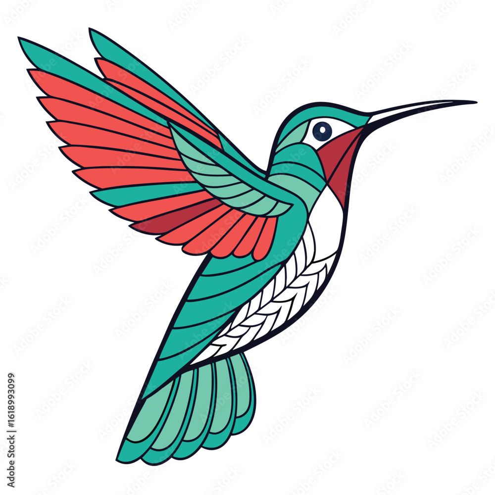 Fototapeta premium Teal and coral hummingbird gracefully spreads its wings against a transparent backdrop