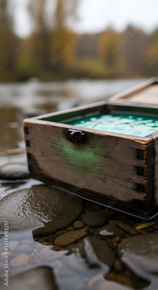 Obraz premium Wooden Box in River Water Still Life Photo
