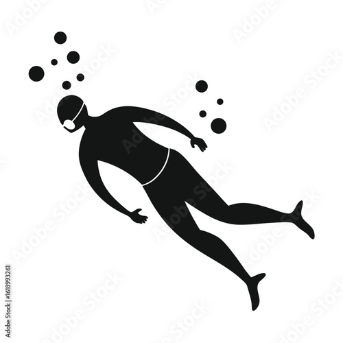 Isolated black silhouette shows masked man diving underwater amidst bubbles on a transparent background