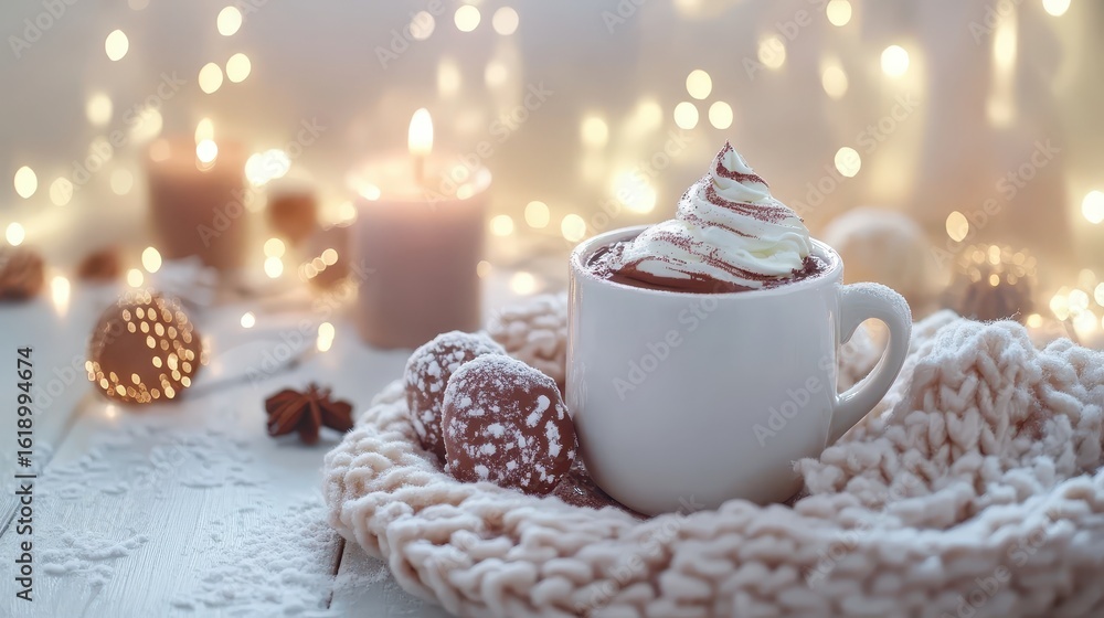 Fototapeta premium Warm Cozy Hot Chocolate with Whipped Cream and Festive Decor