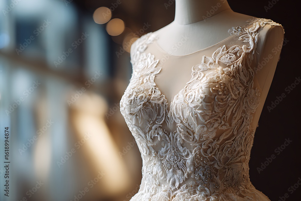Fototapeta premium Exquisite bridal gown with delicate lace detailing, perfect for a fairytale wedding or elegant fashion editorial, evoking romance and sophistication with its intricate design