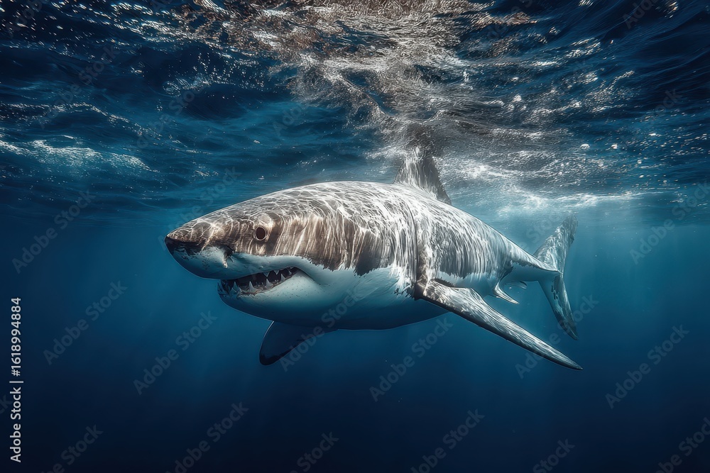 Naklejka premium Great white shark swims in clear blue ocean water near the surface during daylight hours in the open sea