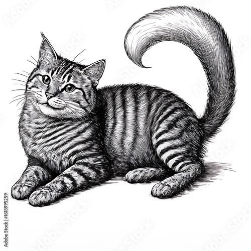 Realistic black and white sketch of a playful striped cat.