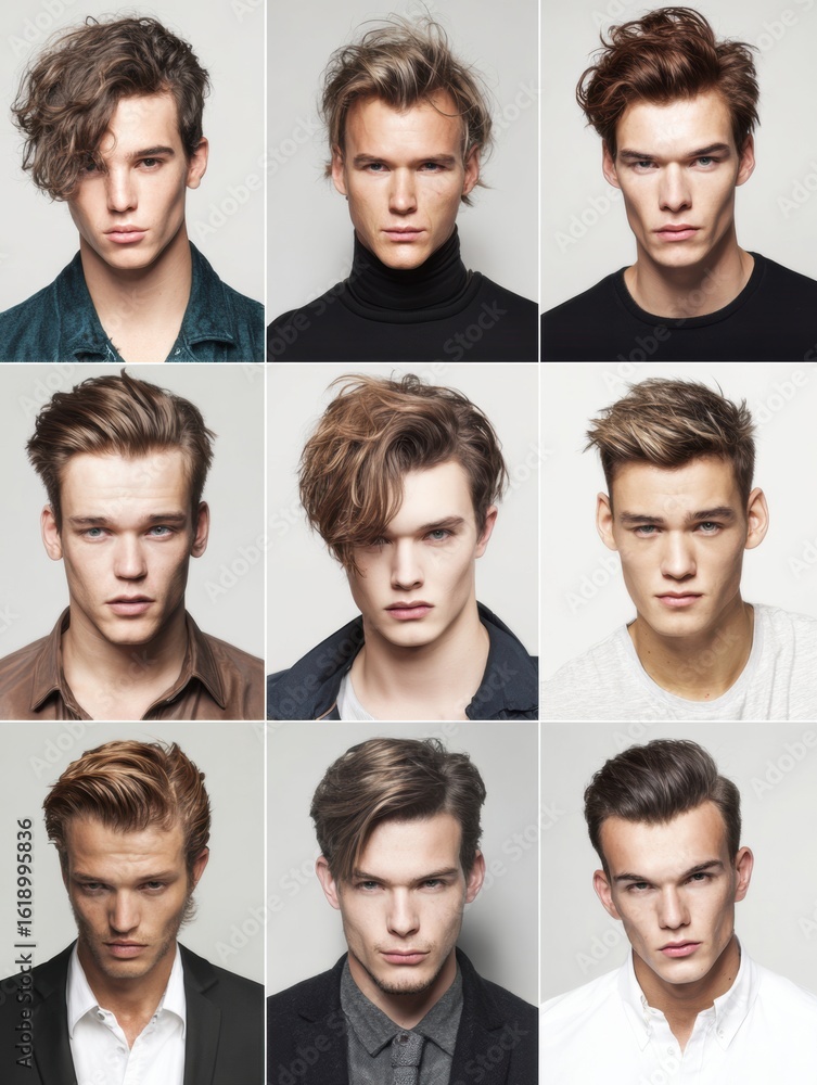 Fototapeta premium Collage of Contemporary Hairstyles for Men Featuring Various Styles on a Clean White Backdrop Showcasing Diverse Looks and Trends