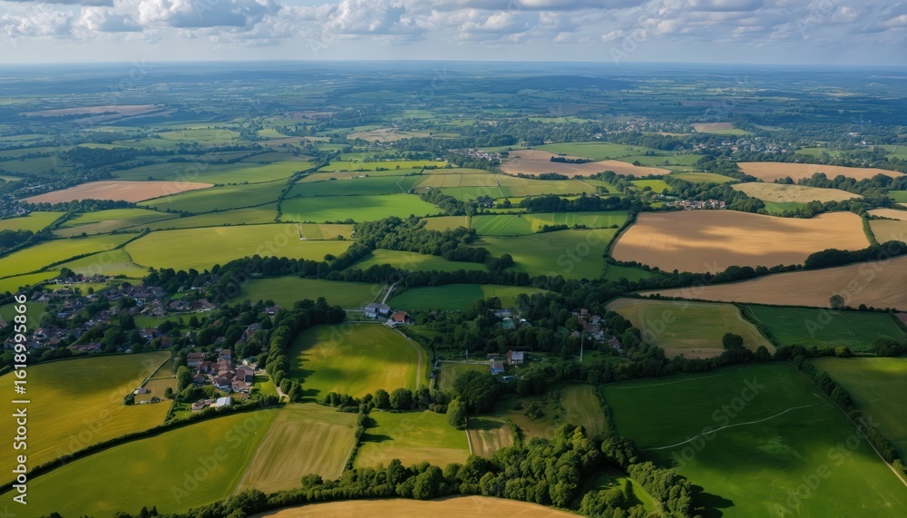 Obraz premium Expansive aerial view of vibrant rural landscape with green fields, brown farmland. Small community nestled among green plants under clear sunny sky. Nature beauty, agricultural land, peaceful