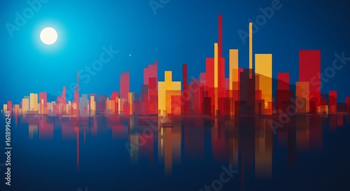 Vibrant abstract cityscape skyline reflecting in water under a full moon at night. A colorful urban dreamscape illustration.