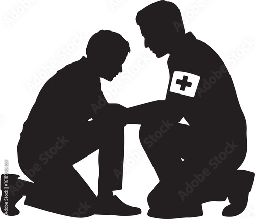 Silhouette of a Medic Comforting a Person in Need Symbolizing Compassion, Care, and Support