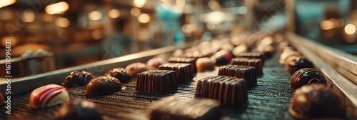 Chocolate candies being produced on a conveyor belt in a factory during daytime