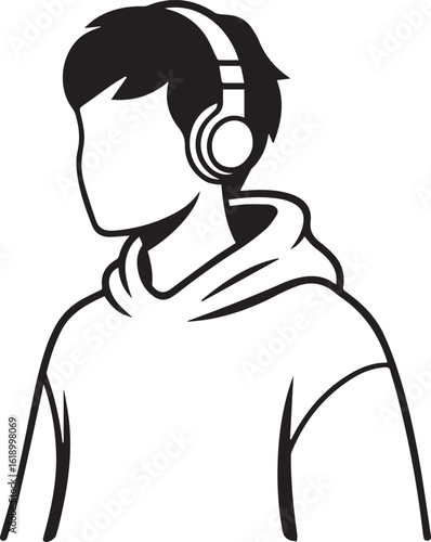 Silhouette of a Young Person with Headphones Wearing a Hoodie on a Transparent Background Vector