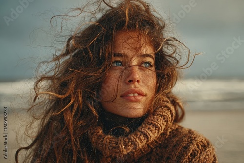Woman with freckles and blue eyes wearing a winter hat and scarf in a snow flurry looks at the camera