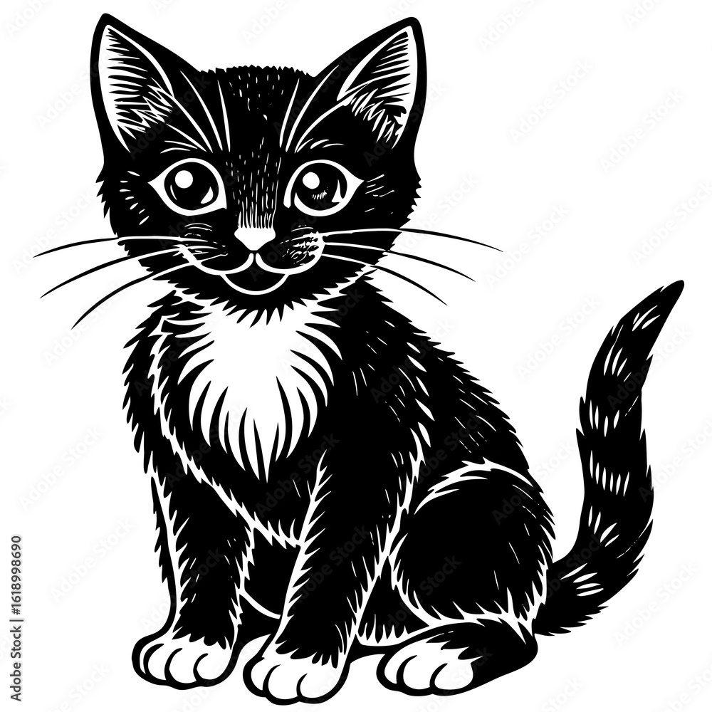Obraz premium Charming black and white kitten sitting and looking forward