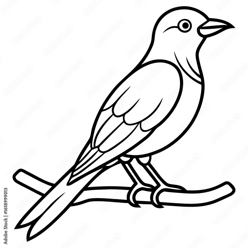 Fototapeta premium Vector art of outline drawing of a small bird perched on a branch isolated on white background