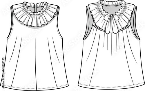 Vászonkép Girls ruffle neck top CAD, sleeveless bow blouse fashion flat sketch, kidswear t