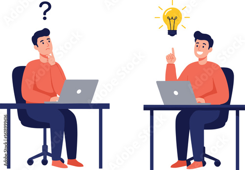 Man thinking and getting idea while working on laptop, creative solution concept, business brainstorming process, idea generation at workplace, cad drawing flat vector illustration