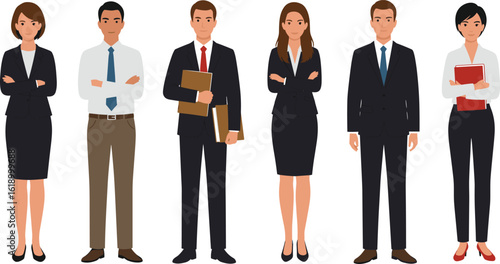 Professional business people standing in a row, diverse corporate team illustration, formal office dress code, team members group, cad drawing flat vector illustration