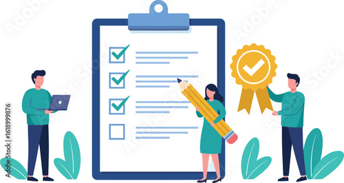 Checklist completion concept, business task approval, quality control success, productivity planning, goal achievement teamwork, clipboard with checklist and pencil, cad drawing flat vector 