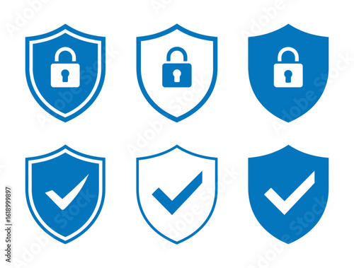 Secure your data with these modern blue shield icons featuring locks and checkmarks, perfect for digital protection and verification needs