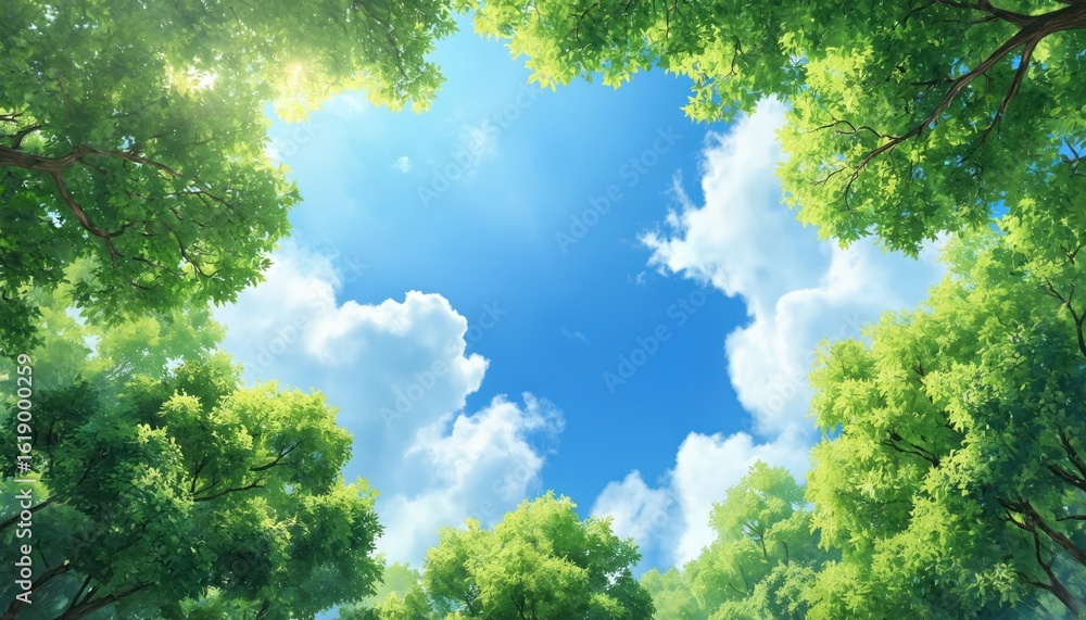 Obraz premium Illustration captures rich green canopy from low angle view. Bright blue sky with fluffy white clouds. Sunlight filters through fresh foliage. Serene, peaceful spring atmosphere with calming green,