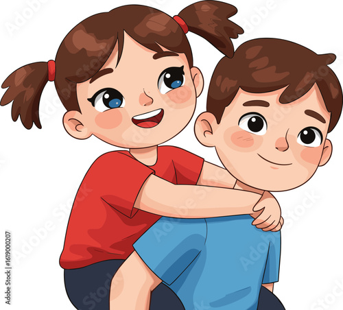 Happy siblings having fun together, cheerful children smiling cartoon style, cute girl piggyback riding boy, joyful childhood moment, colorful artwork, cad drawing flat vector illustration