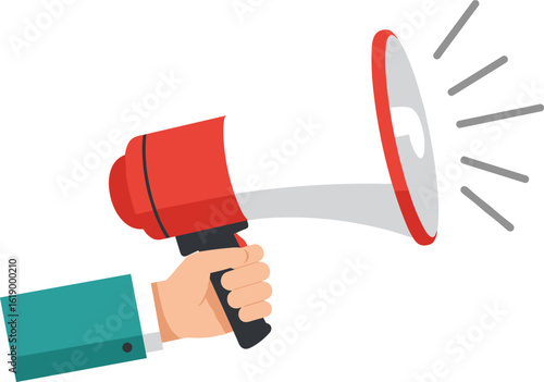 Cad drawing flat vector illustration of a hand holding red megaphone with sound waves, public announcement, communication, alert, message, and loud notification concept