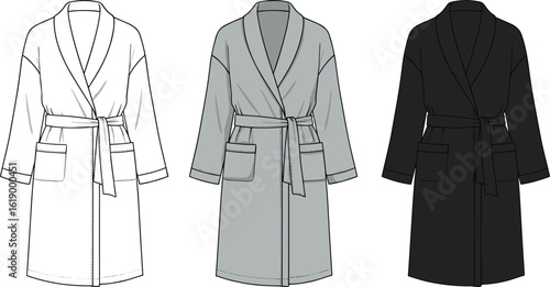 Women's bathrobe flat sketch with belt and patch pockets, front view fashion CAD drawing in three color options for sleepwear and loungewear design template