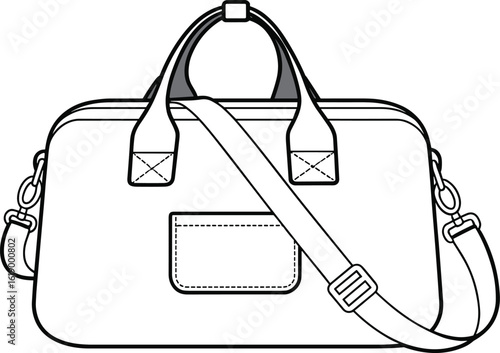 Duffel bag design, travel shoulder bag, flat vector sketch, functional carry bag, adjustable strap detail, unisex travel accessory, fashion CAD drawing, technical illustration