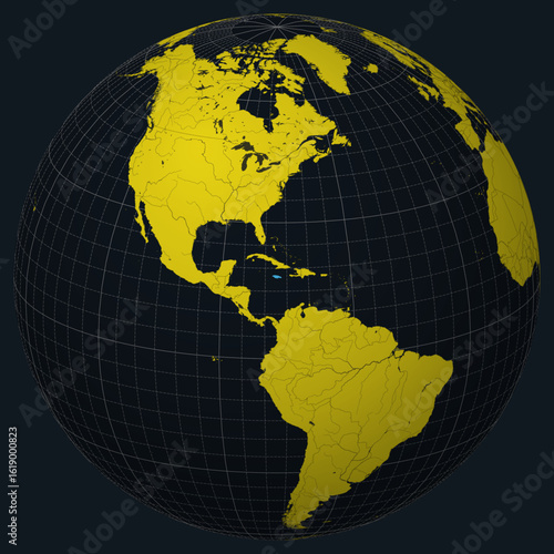 Jamaica on Globe. Country view on the world map in Charcoal Bright Yellow color palette. Jamaica shape on map. Globe with meridians, parallels, countries, rivers and lakes.