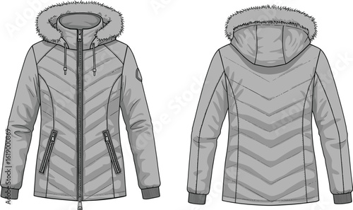 Winter padded jacket with hood, front and back technical flat sketch, warm outerwear fashion design, fur trim detail, cad drawing vector illustration